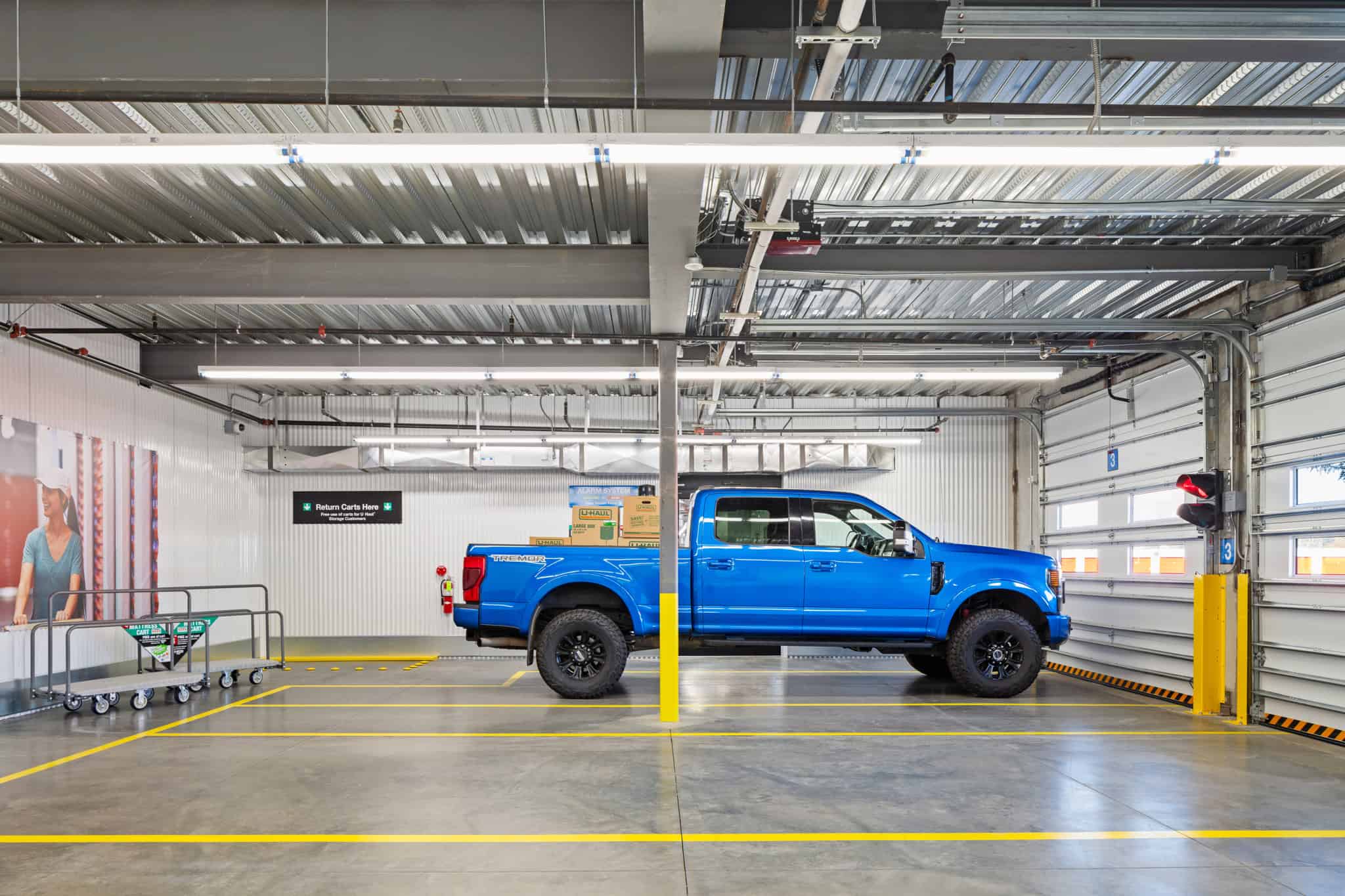 Indoor drive-in loading bay at a self-storage facility
